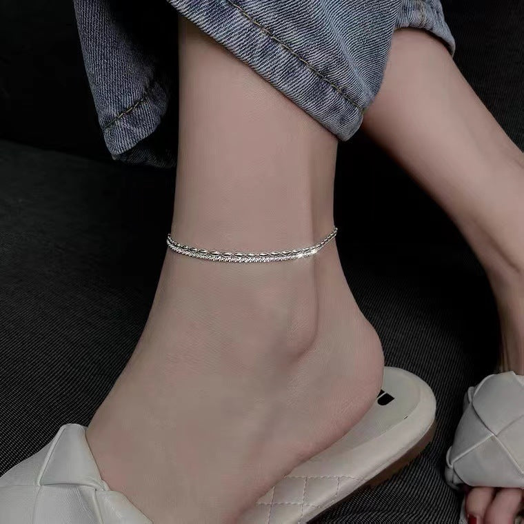 Sterling Silver Rice Grain Double Layer Anklet