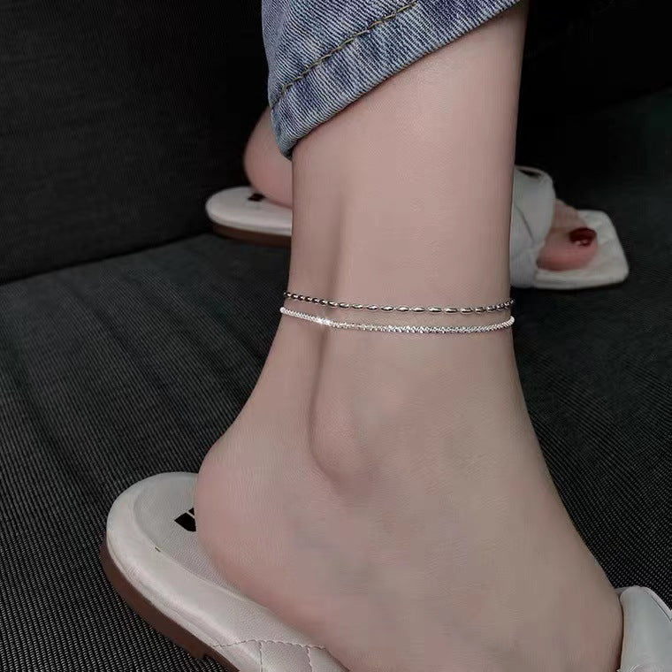 Sterling Silver Rice Grain Double Layer Anklet