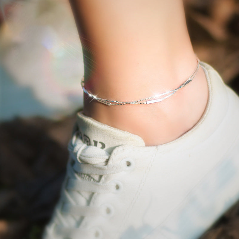 Sterling Silver Double-Layer Round Stick Anklet